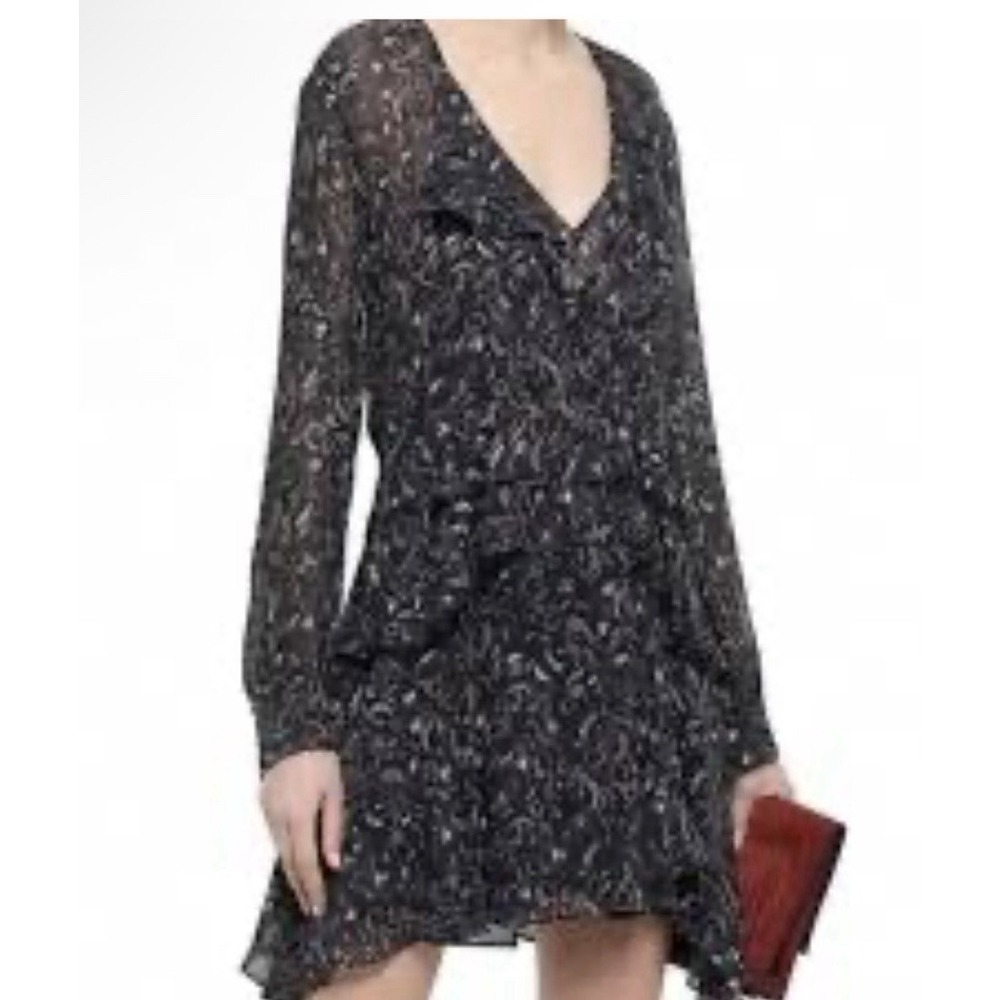IRO Print Ruffle Deep V Neck‎ Mini Honess Dress Size 38 US Small